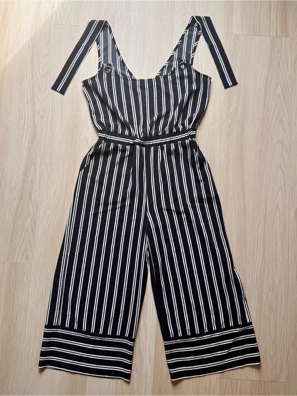 ECI Black and White Vertical-Stripe Wide-Leg Jumpsuit